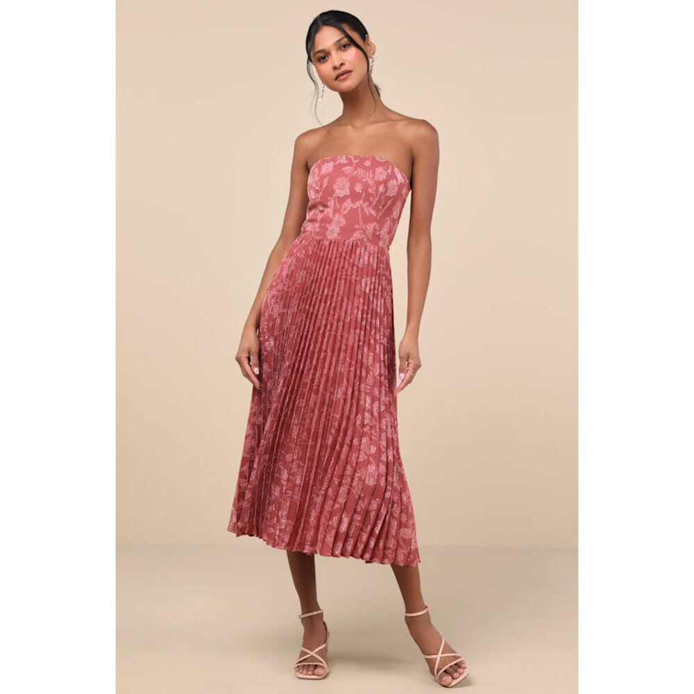 Lulu's Rose Pink Strapless Pleated Midi Dress